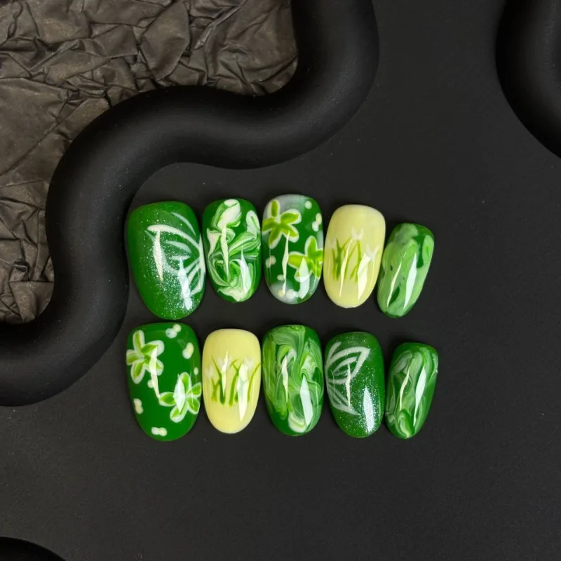 10 stuks frisse en levendige handgemaakte pers op nagels smudge water rimpelingen gele en groene bloemen nepnagels verwijderbaar herbruikbaar