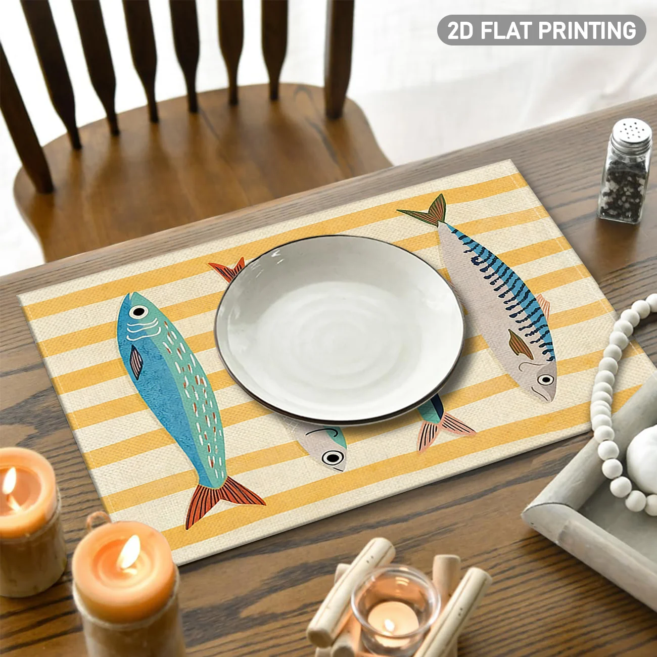 Linen Placemats with Yellow Striped Background and Colorful Fish Pattern Suitable for Indoor outdoor Party Restaurant Decoration