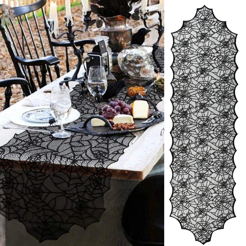 

Halloween Decoration Lace Tablecloth Black Bat Fireplace Cover Spider Web Runner For Happy Halloween Party Home Table Decor Prop