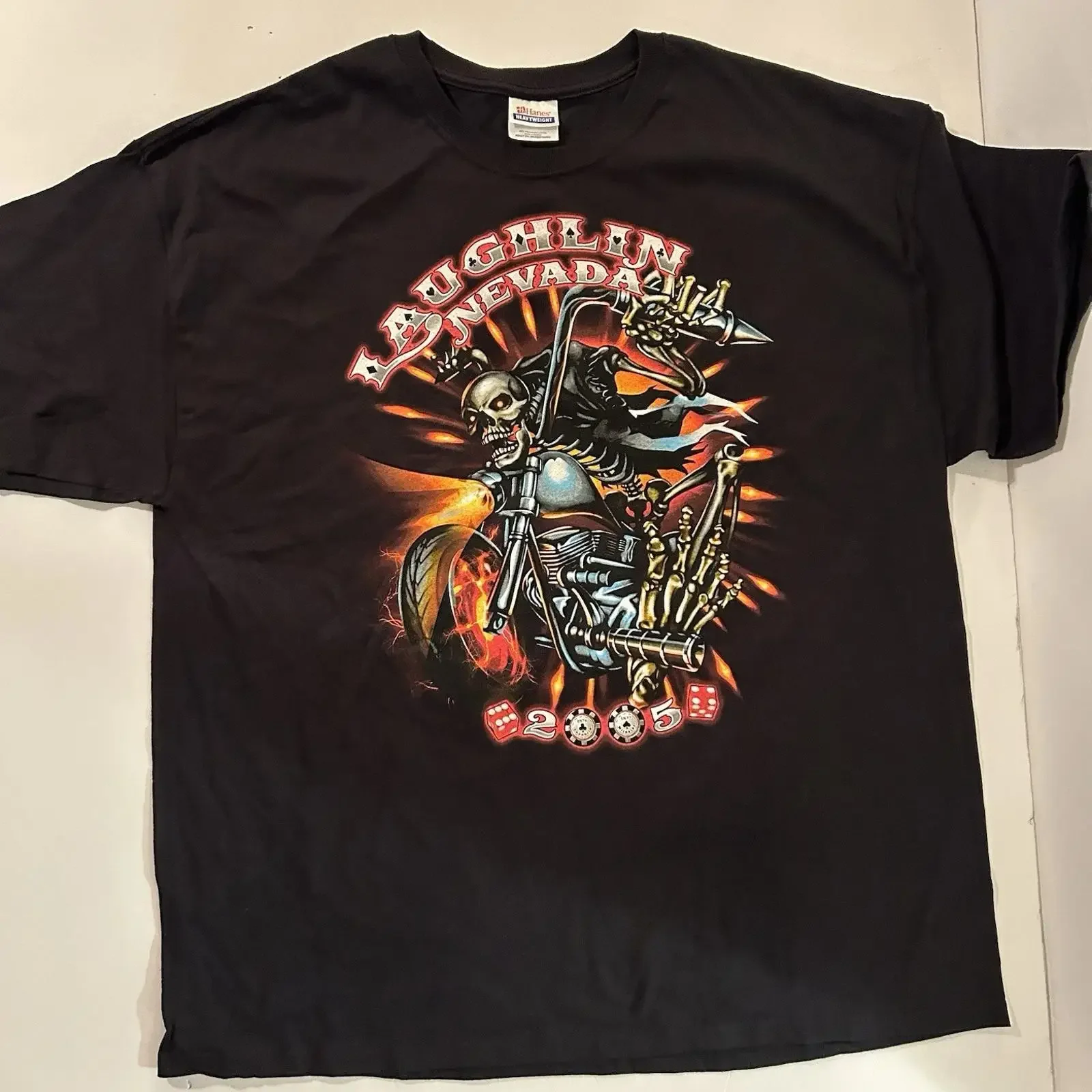 Vintage Biker Black Laughlin Nevada Bike T Shirt 2005 2XL Motorcycle Club vintage Washed Soft Top For Everyday Wear Comfortable