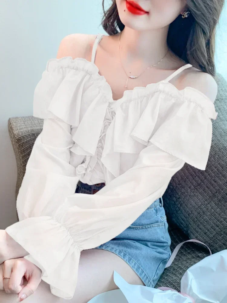 

Spring Summer Women's Sexy One Word Collar Ruffles Shirt Women Lantern Sleeve Korean Style Simple All-match Backless Blouse Top