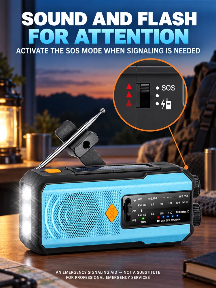 EU Emergency Radio AM FM WB Blue 5000mAh or Blue Red Black 2000mAh Solar Hand Crank USB Charging SOS Flashlight Power Bank 3 LED