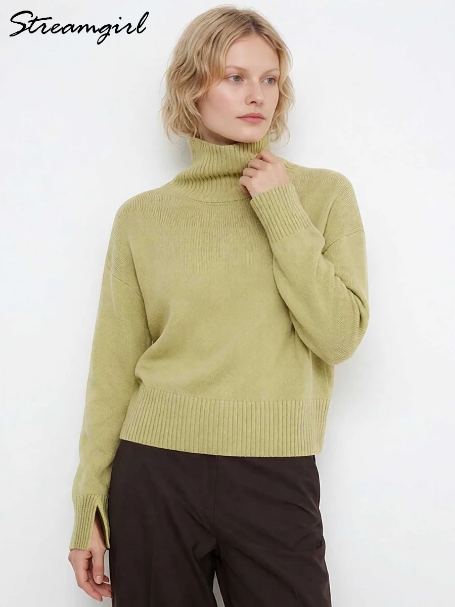 Green Warm Turtleneck Sweater Women Oversized Autumn Winter Knitted Pullovers Lady Basic Jumpers Turtleneck Sweaters Female