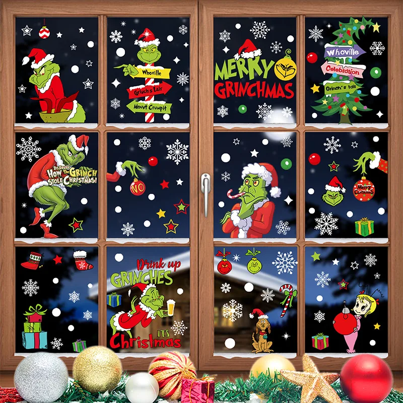 Autocollants de fenêtre de noël amovibles en PVC Grinch, autocollants statiques pour salle, cadeaux du nouvel an, décoration pour la maison, décalcomanies en verre pour fête