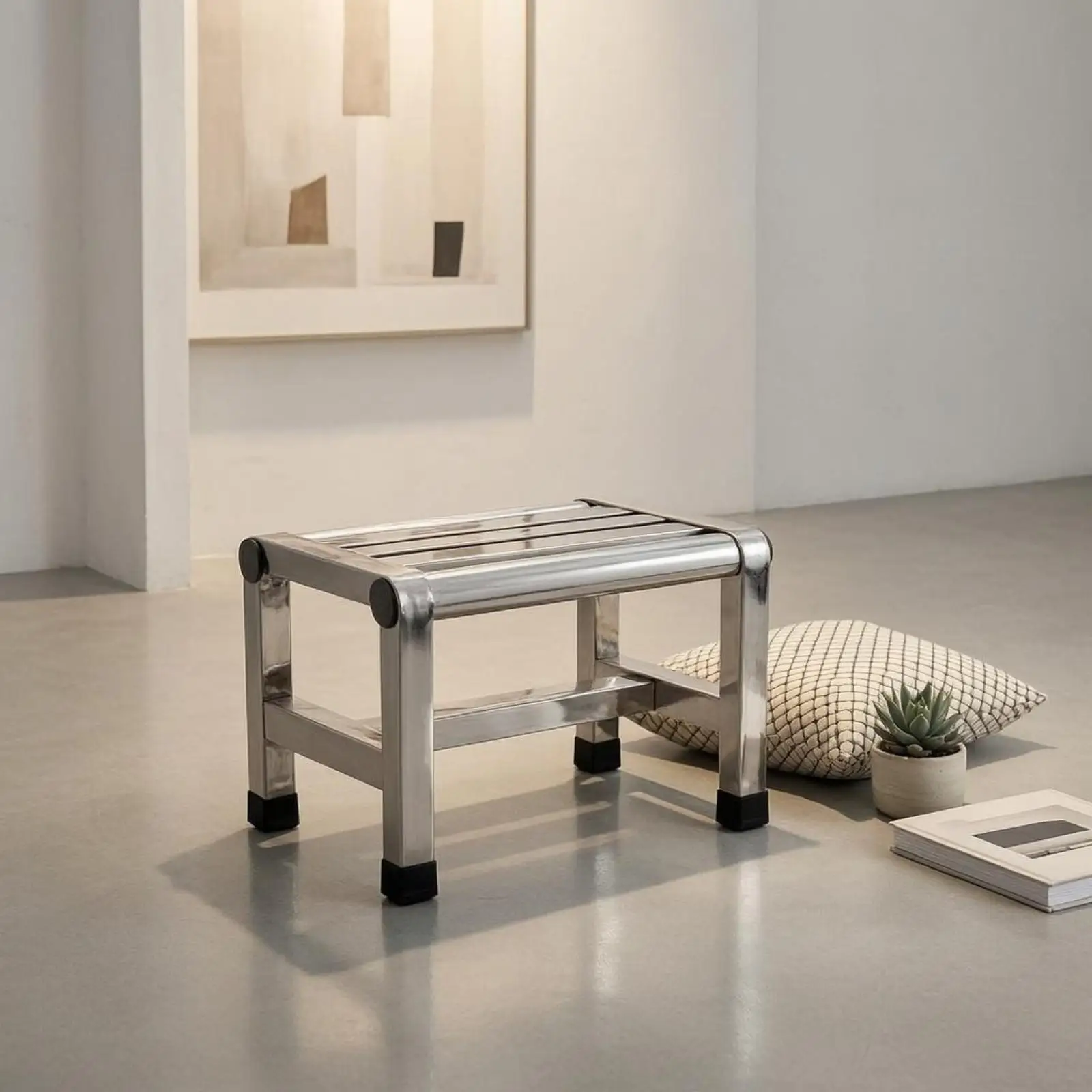 Metal Waterproof Bathroom Stool Low Profile Seat with Slatted Surface and Crossbar Support for Compact Spaces