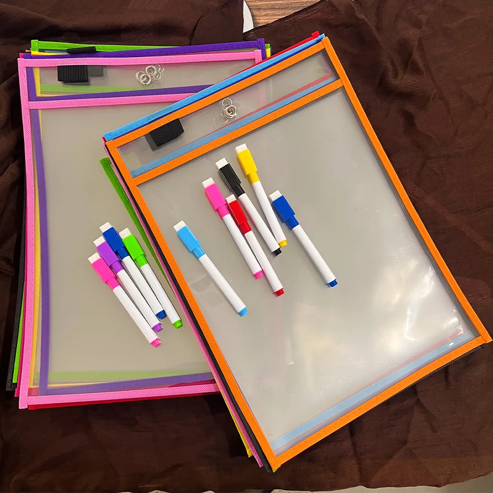 20 Stück wiederverwendbare trocken abwischbare Taschen-Set, extra große Schreib- und abwischbare Taschen, transparente Schutzhüllen, Lehrerbedarf für den Schulunterricht (10 trocken abwischbare Taschen + 10 Stifte) – Detail 4