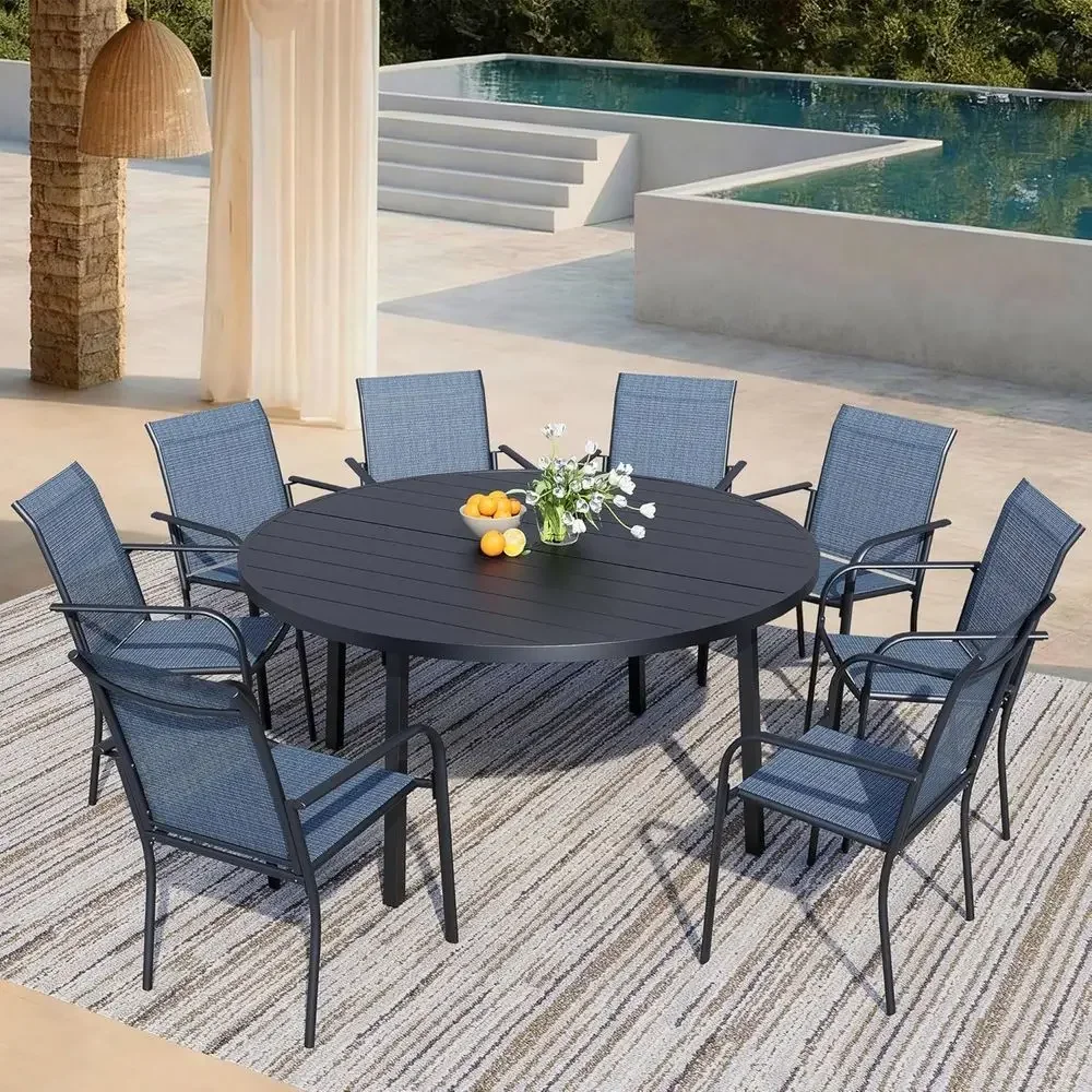9-Piece Patio Dining Set with Blue Stackable Chairs and Black Round Table or 8-Piece Outdoor Furniture Set with Sling Support