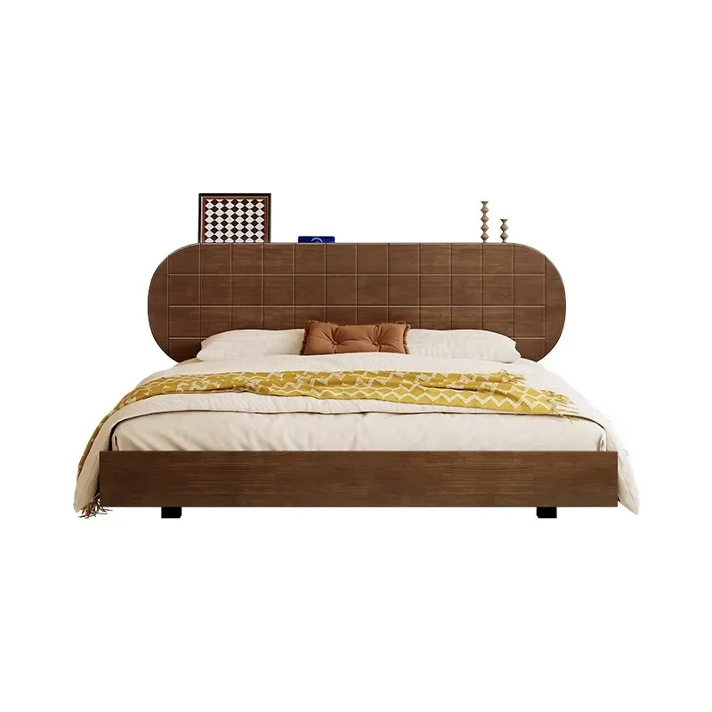 سرير من الخشب الصلب بالكامل على طراز القرون الوسطى، سرير مزدوج حديث وبسيط من خشب الجوز بطول 1.8 متر، سرير معلق على الطراز الشمالي، غرفة نوم رئيسية #1