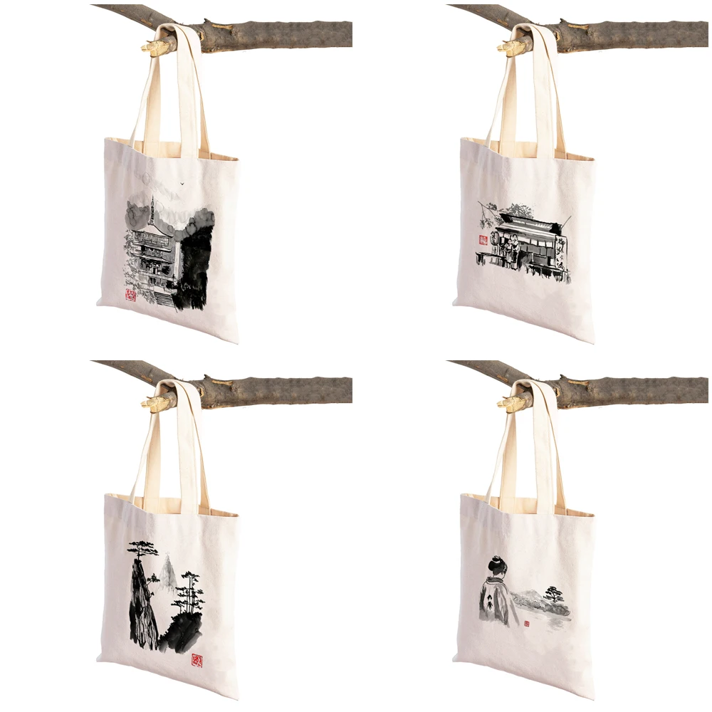 Black and White Ink Wall Pictures Chinese Landscape Women Shopping Bags Reusable Double Print Casual Canvas Shopper Bag Tote