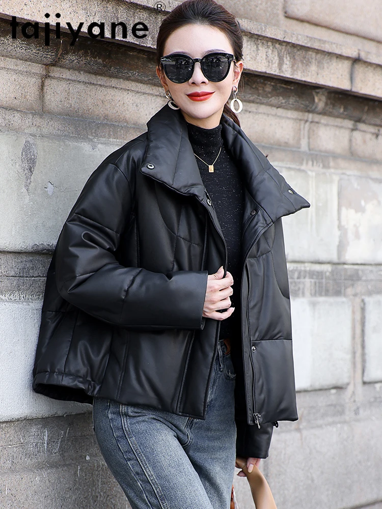 TAJIYANE جلد الغنم الحقيقي أوزة أسفل معطف المرأة أنيق قصير سترة منفوخة قسط حقيقية سترات من الجلد ملابس امرأة 2025 code