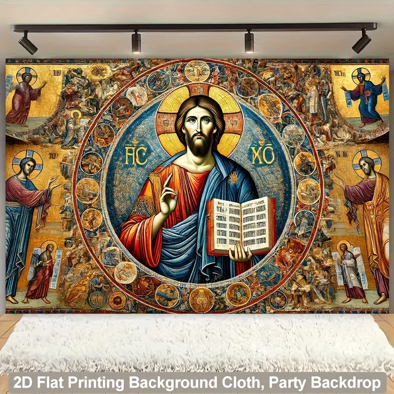 2DJesus Christ Tapestry Byzantine Icon Religious Christian Orthodox Saints Gospel Book Halo Cross Church Cathedral Worship Decor