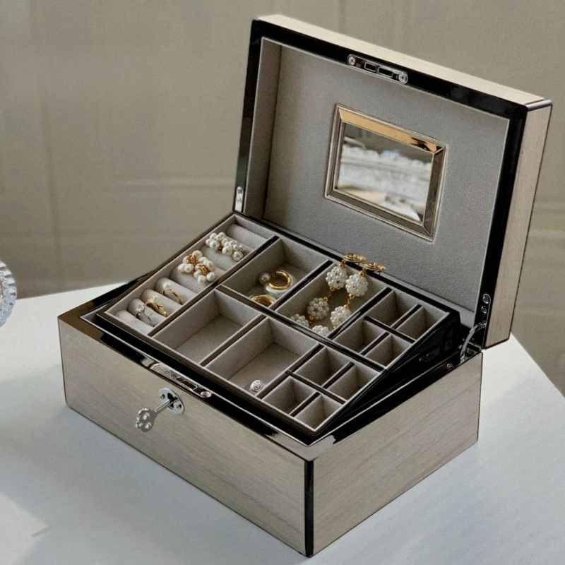 

Wooden Jewelry Box Luxury Retro Ring Storage Boxes Mirror Earrings Necklaces Bracelet Display Case Organizer Jewellery Showcase