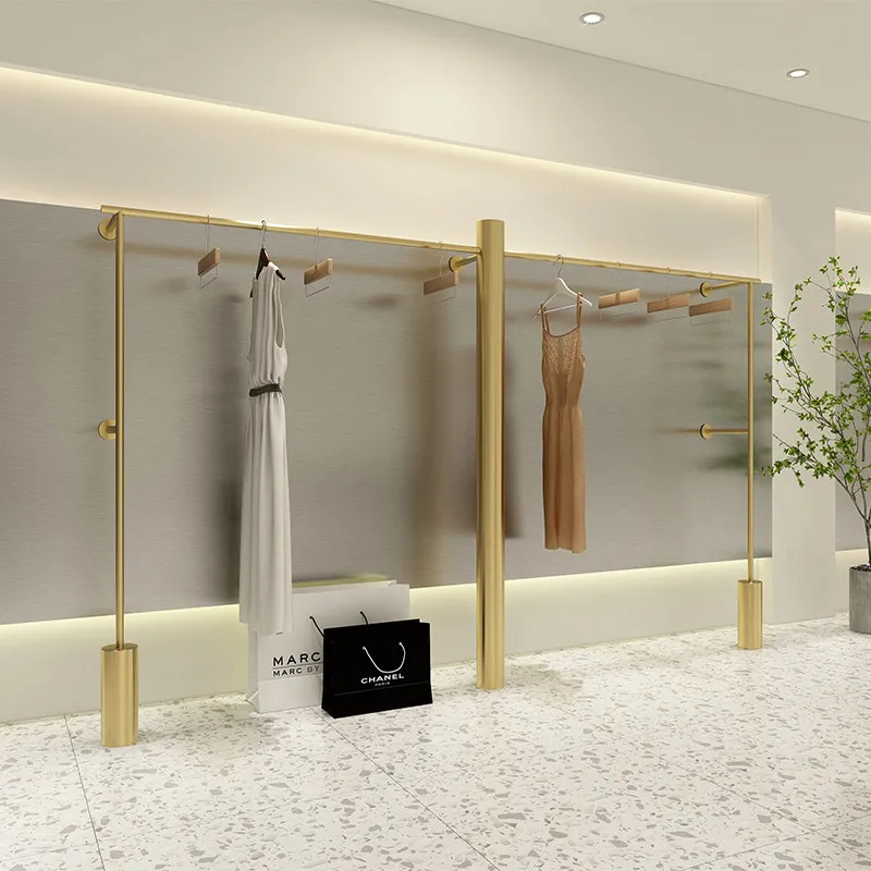 Light luxury clothing store display rack stainless steel brushed titanium wall hanger women's  rack electroplate