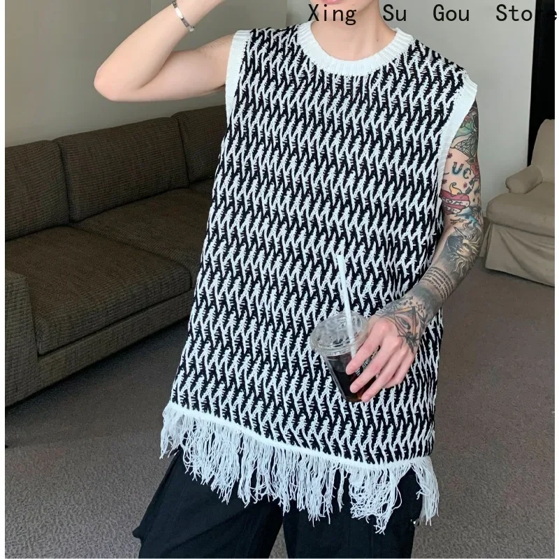 Loose Everything Casual High-grade Fashion Sleeveless Waistcoat Men Tassel Design Sense Vest T-shirt Men and Women The Same