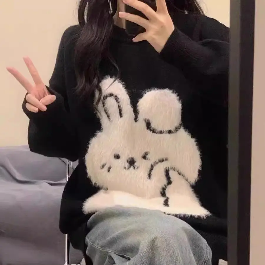 Korejpaa Contrast Color Cartoon Rabbit Black Pullover Sweater Women Autumn Winter Long Sleeve Top Knitted Sweaters Pull Femme