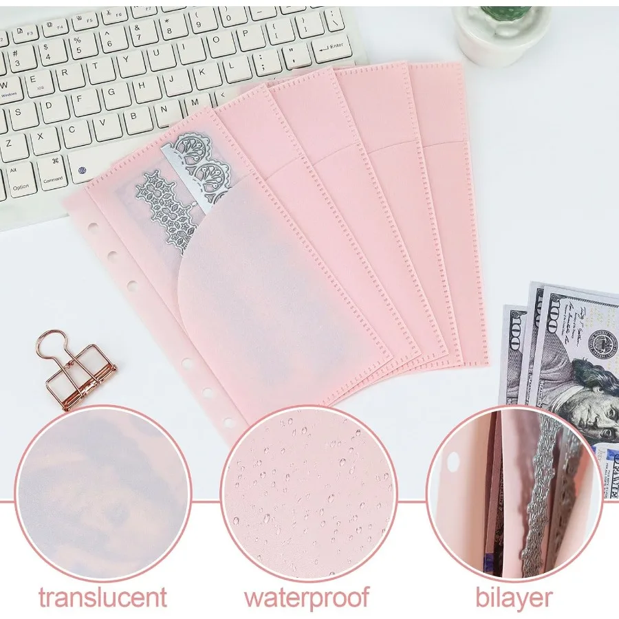 جيوب مجلد A6 بدون سحاب وردي 10 قطعة مظاريف ميزانية بلاستيكية بدون سحاب جيبين مغلفات نقدية بلوري حقيبة نقود لـ #2