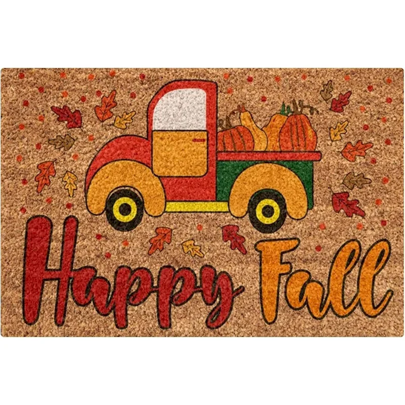 VIKAMA Autumn Harvest Happy Door Mat Pumpkin Truck Maple Leaf Carpet, Dustproof And Anti Slip Entrance Mat Home Decoration