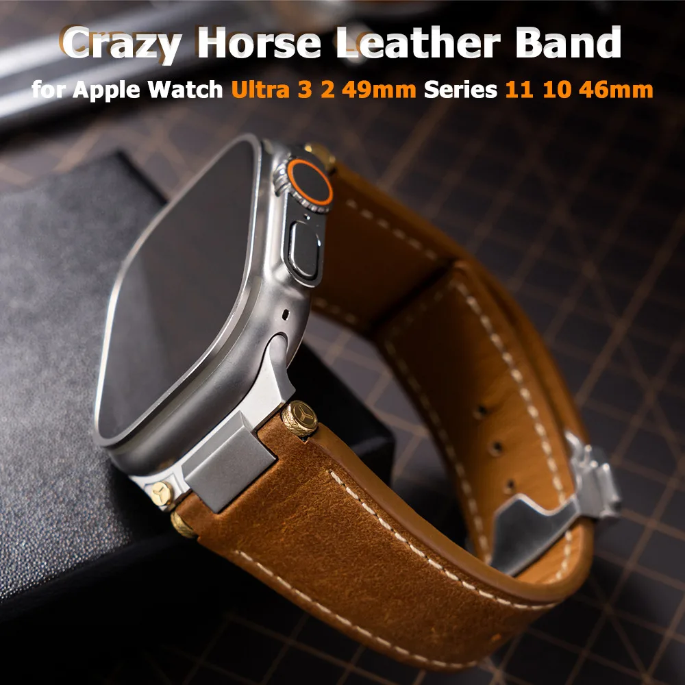 

Ремешок из натуральной кожи для Apple Watch Ultra 3 2 49 мм Серия 11 10 46 мм Кожаный ремешок Crazy Horse для Iwatch 9 8 7 6 Se3 45 мм 44 мм