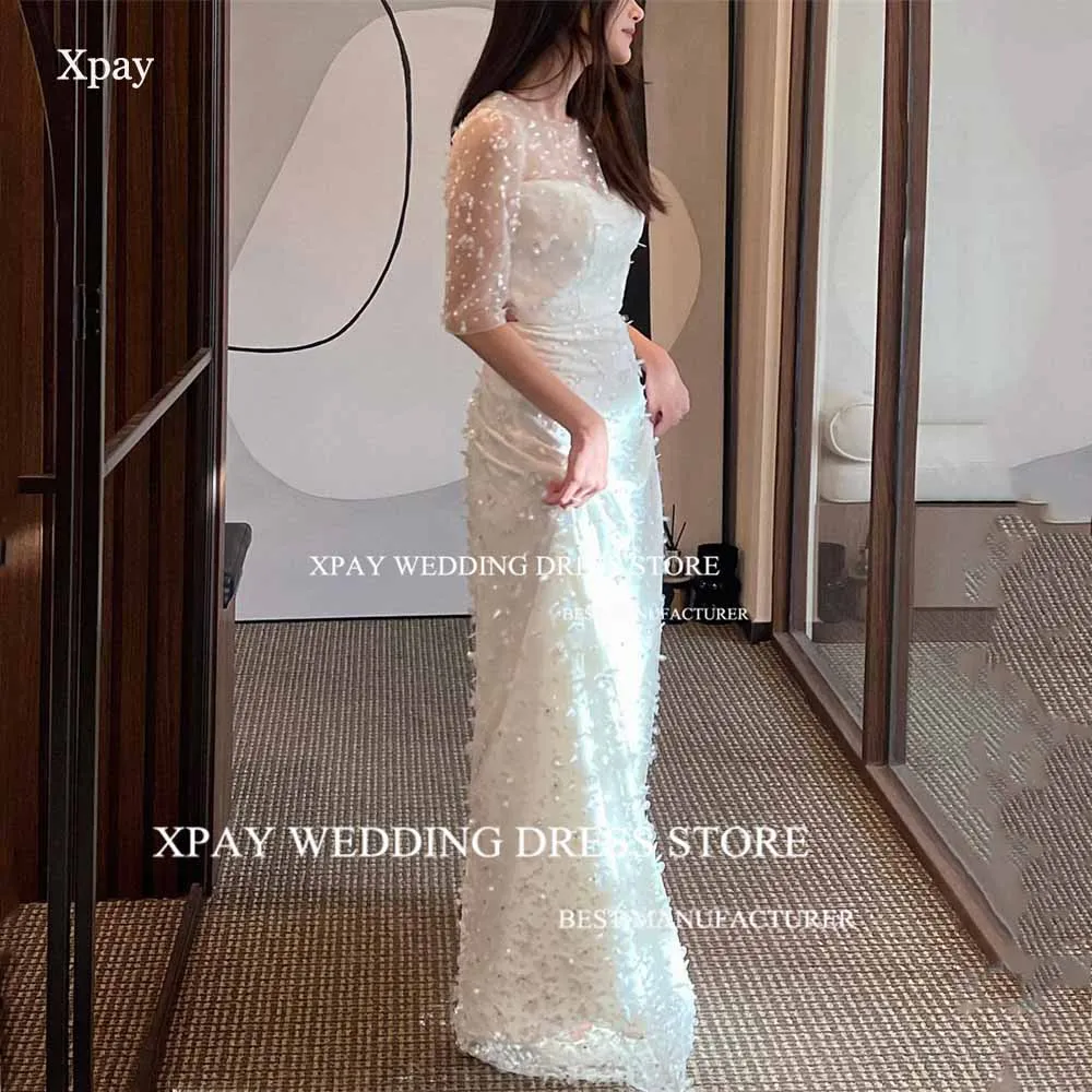 Xpay Illusion Schatz Korea eine Linie Brautkleider 3d Spitze Applikationen Halbarm Brautkleid maßge schneiderte Vintage Brautkleid