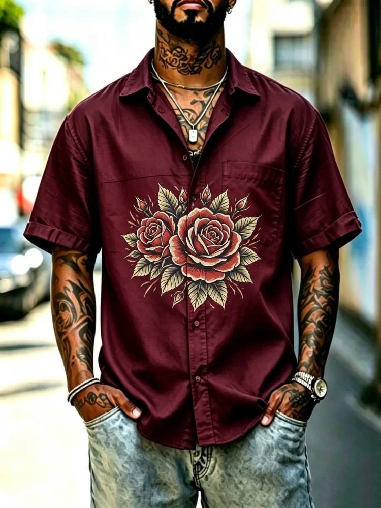 

Men's Retro Rose Tattoo Print Short Sleeve Shirt With Chest Pocket Loose Comfort Casual Button-Down Streetwear Top