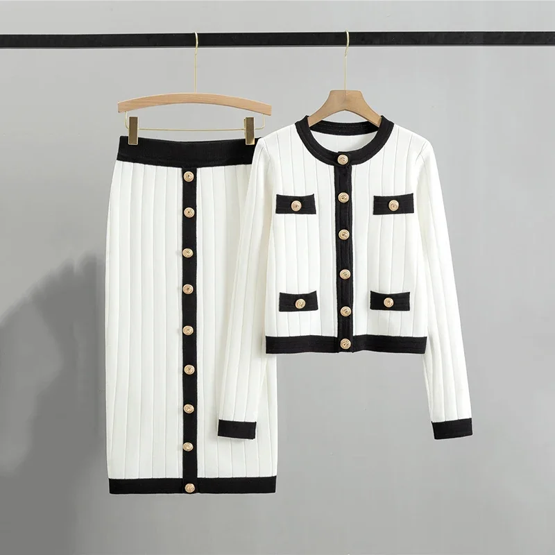

Korean Skirt Knitted Cardigan 2 Piece Sets for Women Casual Stripe O Neck Single Breasted Knitwears and Slim Half Skirt Suits