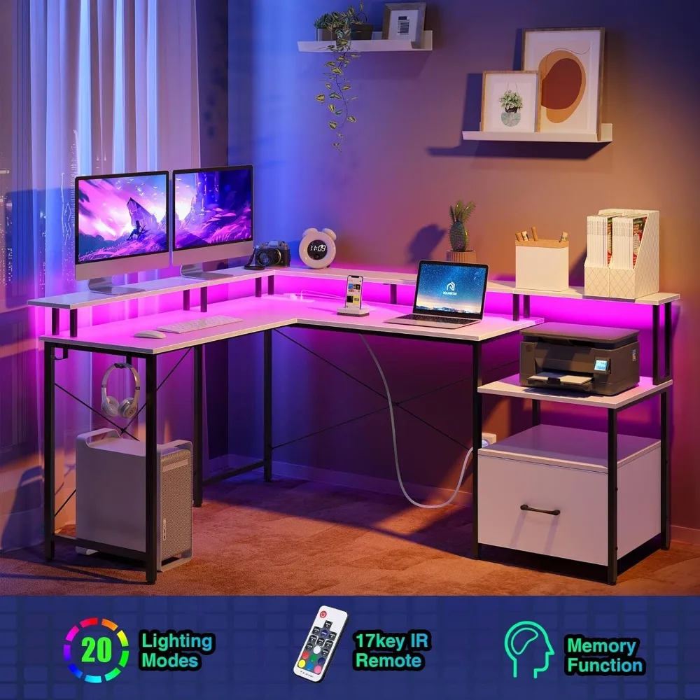 Computer Desk with File Drawer, Power Outlet & LED Strip, L Shaped Computer Desk with File Cabinet, Desk with Monitor Shelf