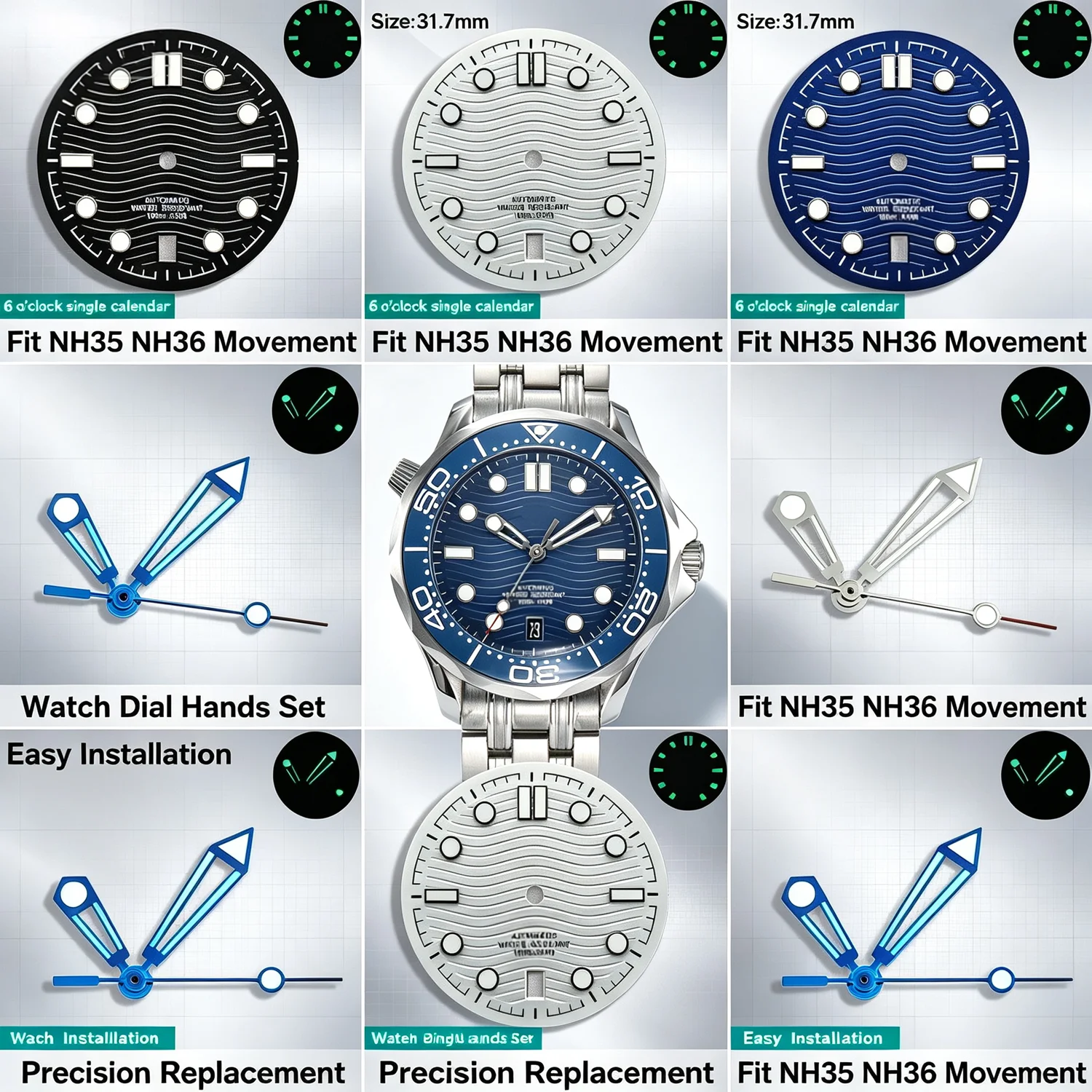 NH35 31.7mm Watch Dial - Calendar Window at 6 O'Clock - Fits NH35 NH36 Movement - Men's Watch Mod Parts