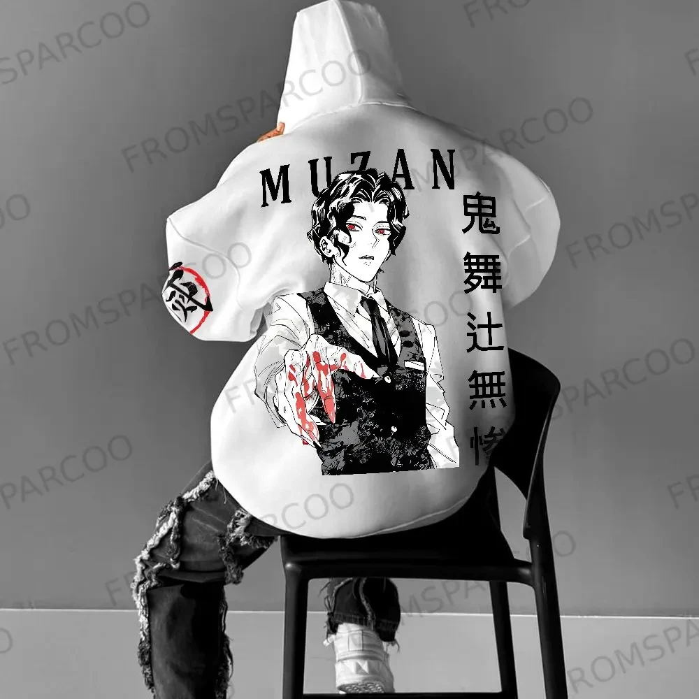 

Толстовка с капюшоном Demon Slayer, белая хлопковая толстовка Muzan Kibutsuji, принт на спине, дизайн рук с кровью для мужчин, весна-осень 2021, аниме