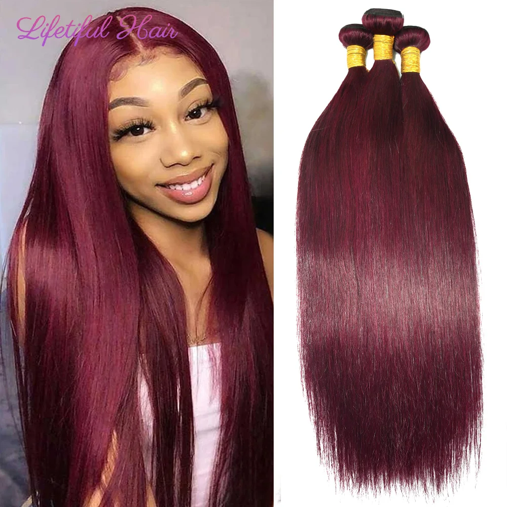 99J bundel rambut manusia lurus merah Burgundy ekstensi rambut manusia Brasil 1/3/4 bundel jalinan rambut lurus untuk WANITA HITAM