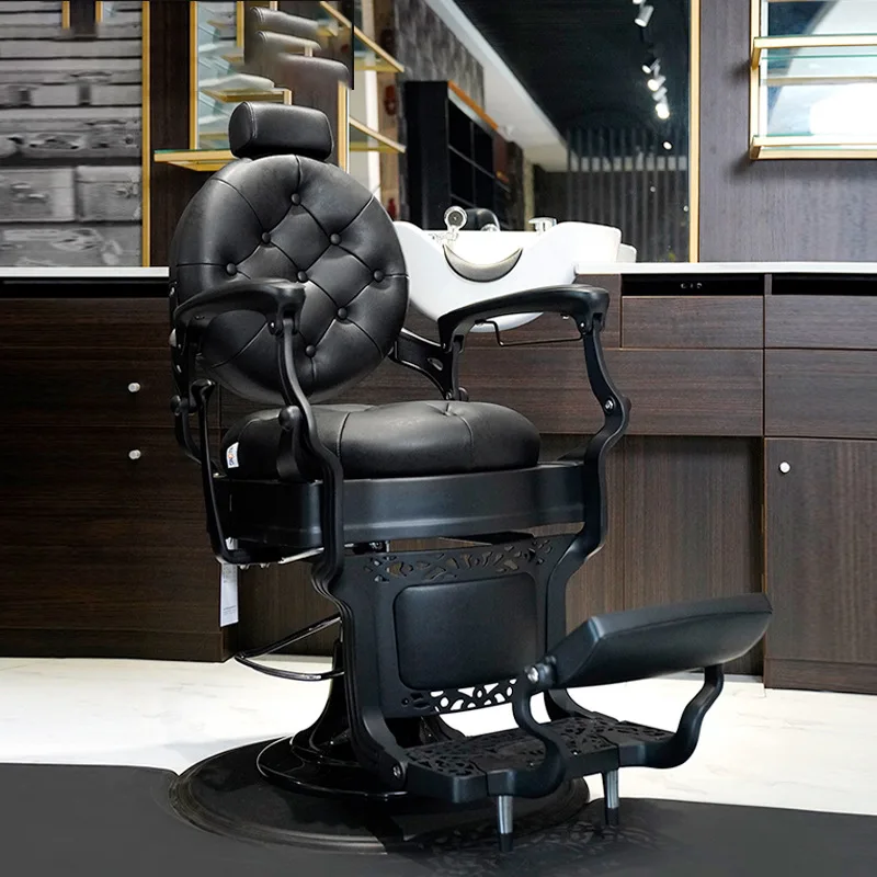 High-end barber chair hairdresser chair can be folded down for men retro oil-headed chair factory supply for barber hair salon