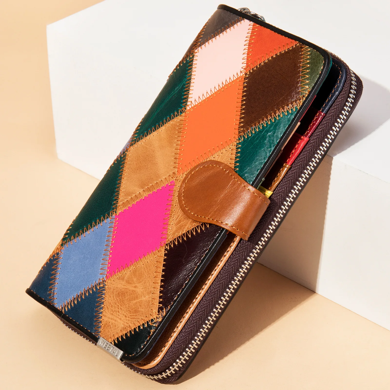 Women Genuine Leather Long Wallet Clutch with Geometric Patchwork Strap Closure Zip Around Card Holder Ladies Travel Billfold