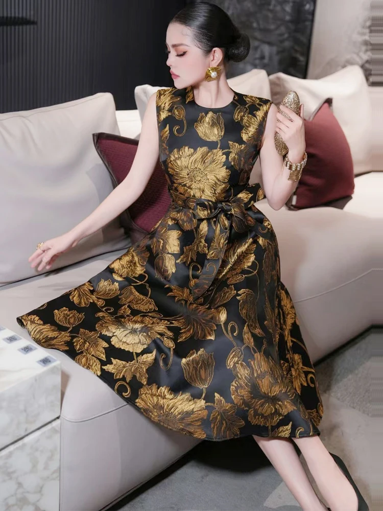 فساتين فرنسية أنيقة الراقية خمر جولة الرقبة أكمام الدانتيل متابعة القوس الذهب الجاكار عالية الخصر ضئيلة ألف خط فستان طويل النساء #5