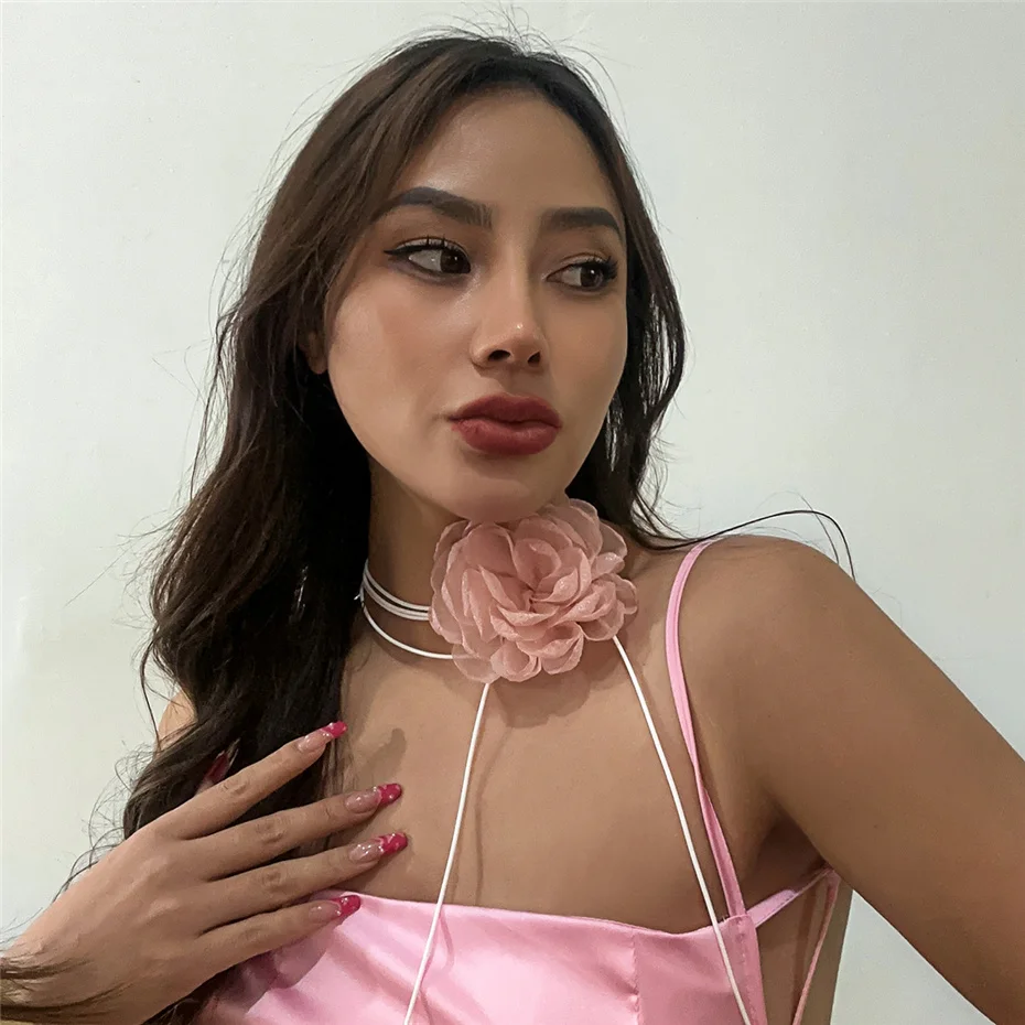 Übertriebene elegante große Rose Blume Schlüsselbein Kette Halskette für Frauen kpop sexy romantische verstellbare Seil Halsreif y2k Accessoires – Detail 8
