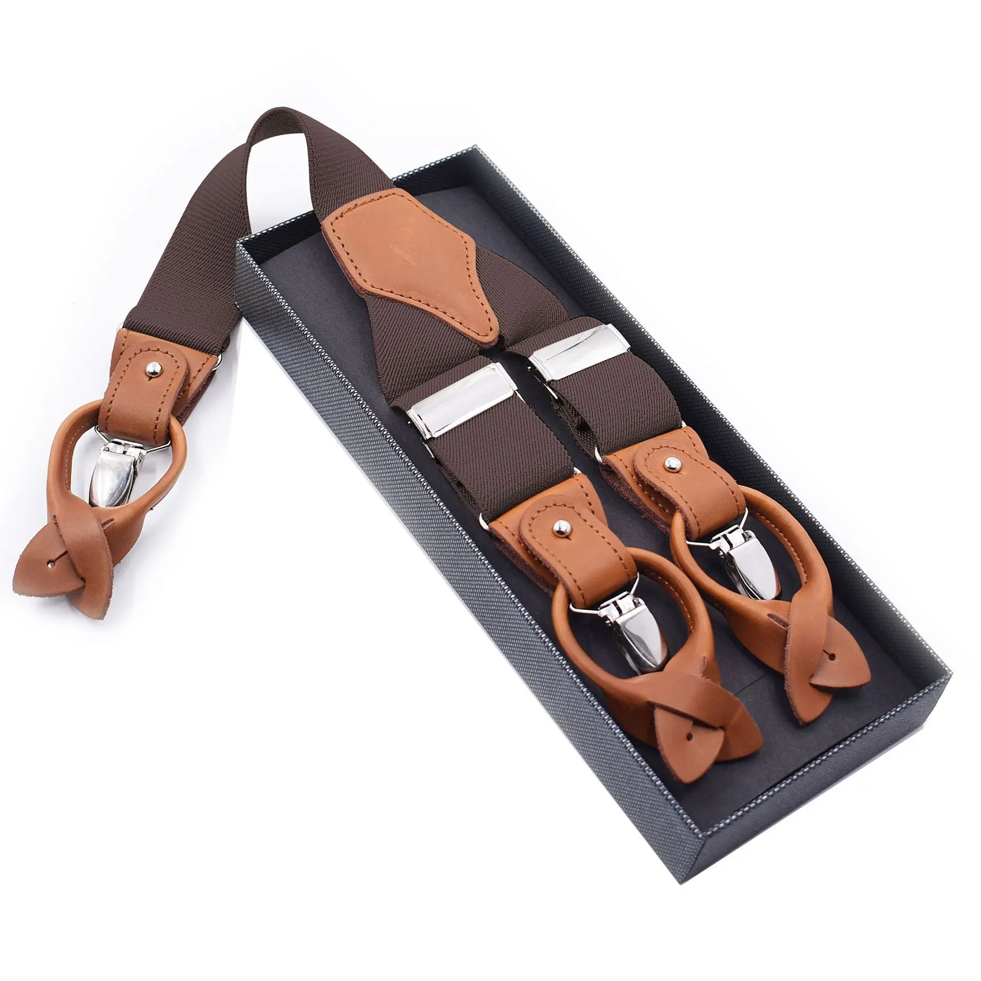 3.5cm Elastic and Stretchable 6-clip Adult Male Office Worker Shoulder Strap Clip Dual-purpose Brown Leather Adjustable Hanging