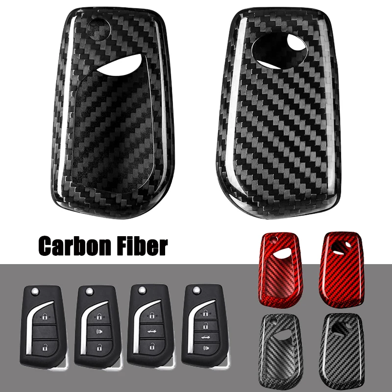 Carbon Fiber Car Remote Smart Key Fob Case Cover Holder Bag With Keychain For Toyota C-HR Camry Corolla Hatchback Sedan RAV4