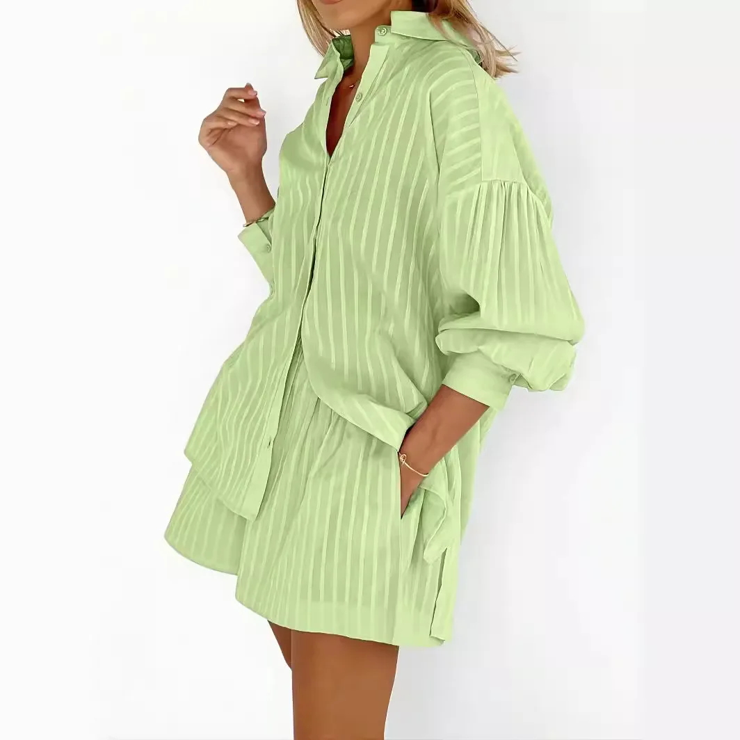 2-teilige Damen-Sets, Jacquard-Hemd, gestreift, Puffärmel + Shorts für den Alltag, lässige Anzüge, Damenbekleidung