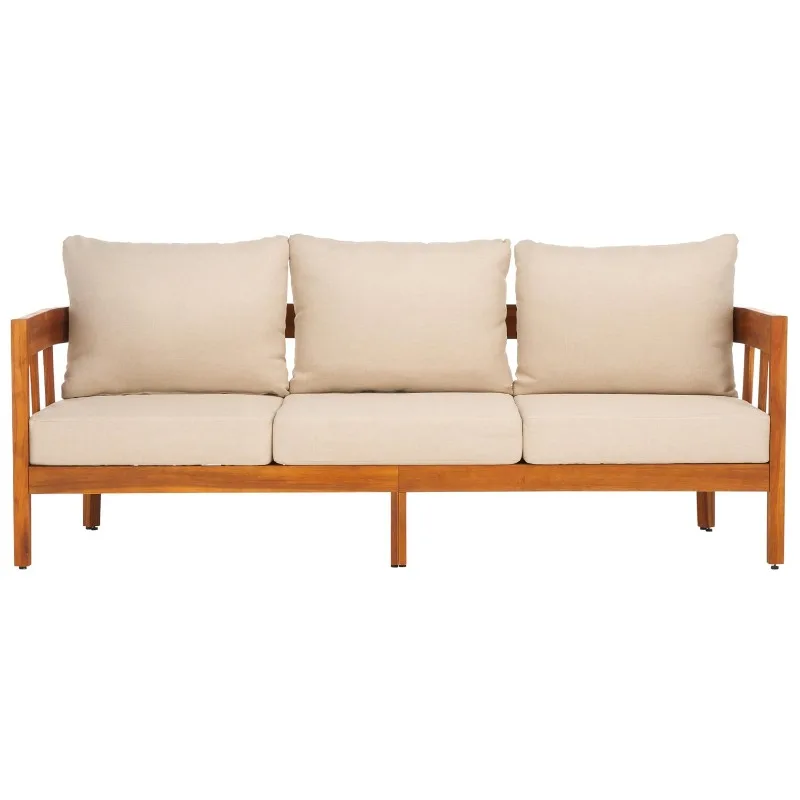 Outdoor 3-Seat Sofa Solid Wood Cushion Mid-Century Coastal Slatted Patio Deck Porch Backyard 15
