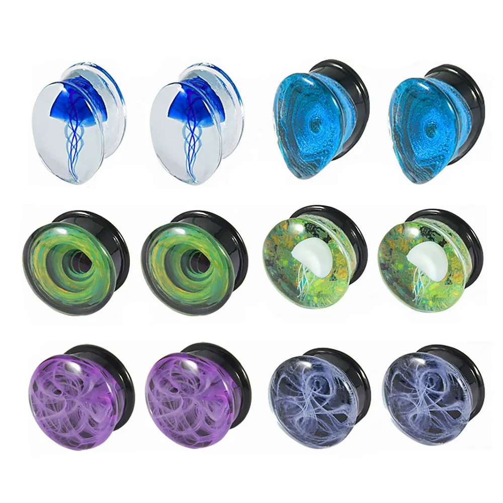 

2Pcs Solid Glass Jellyfish Swirl Clear Oil Painting Vortex Ear Plugs Ear Tunnels Gauges Lobe Piercing Jewelry Women Men