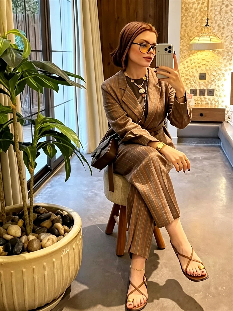 Guobioziy Women's Suit 2026 Early Autumn New Style Fashion Casual Striped Blazer with Belt and Loose Pants