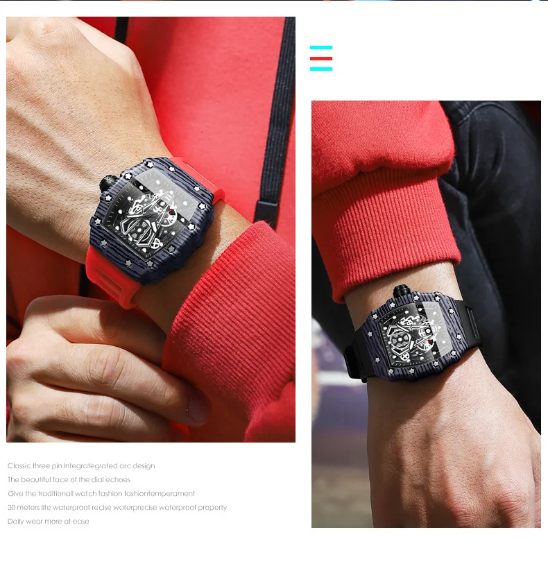 BINBOND B8577 Fashion Men's Quartz Watch Silicone Strap Hollow Watch Men's Waterproof Sports Watch Relogio Masculino view 6