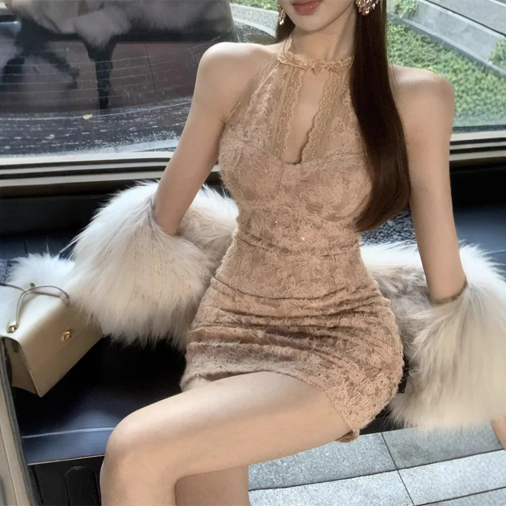 

2026 Summer New Sleeveless Sexy Mini Dress for Women Korean Fashion Women's Lace Hollowed-out Bodycon Dress Y2k Party Dresses