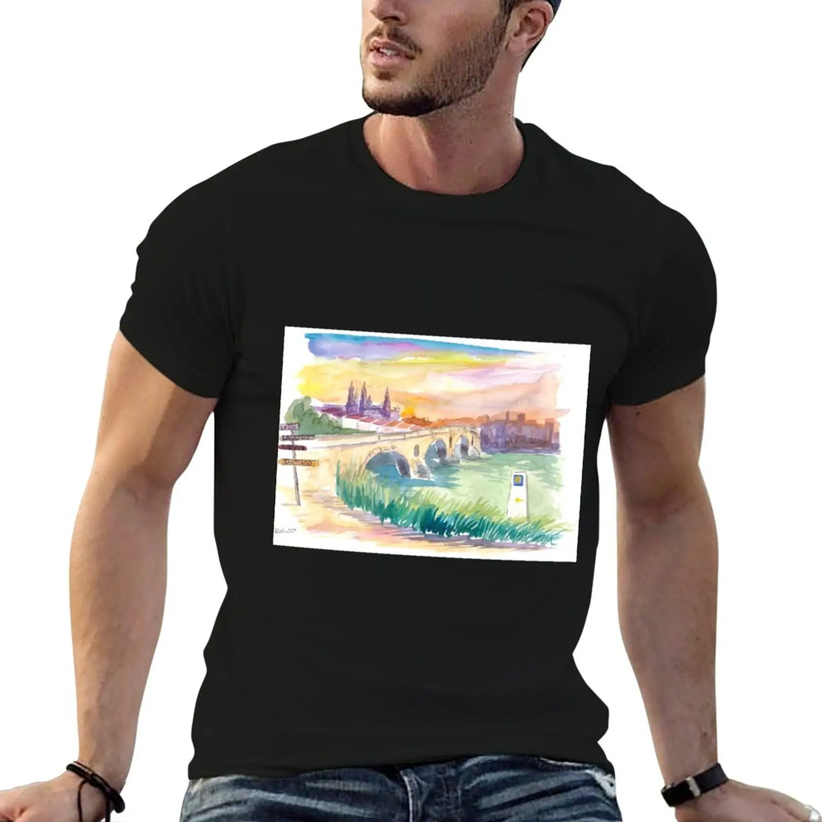 Camino To Santiago Puente de La Reina With Signpost T-Shirt Long Lasting Casual T-Shirt