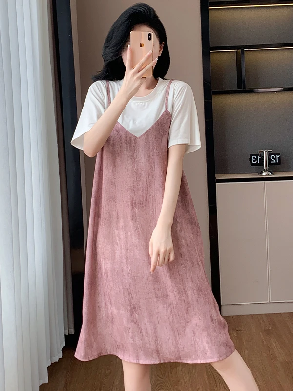 Summer 2025 plus Size Women's Loose T-irt Dr Korean Sle Splice Strapl ort Sve Fake Two-Piece A-Line Skirt