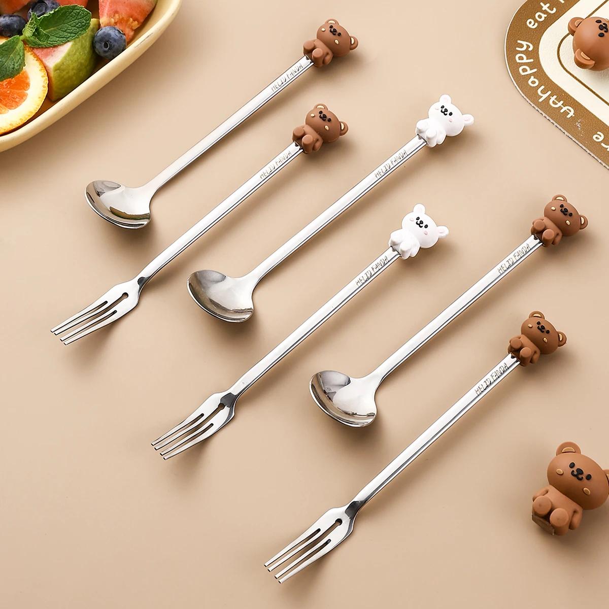 WORTHBUY Kid Fruit Fork 316 Stainless Steel Dessert Cake Fork Cartoon Long Handle Dinner Fork Cutlery Party Flateware Fruit Pick