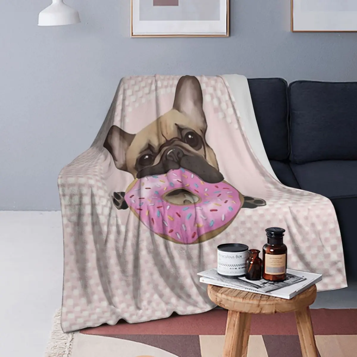 

Любители французского бульдога, милое французское одеяло с розовыми пончиками, мягкий чехол для кровати, гостиной, пикника, путешествия, домашний диван