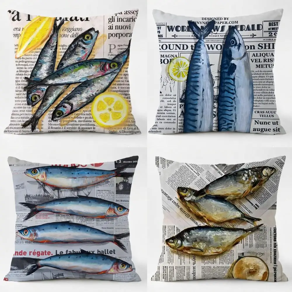 Colorful Sardine Lobster Cushion Cover Daily Washable Linen Pillowcase Soft  for Sofa Bed Home Room Decor