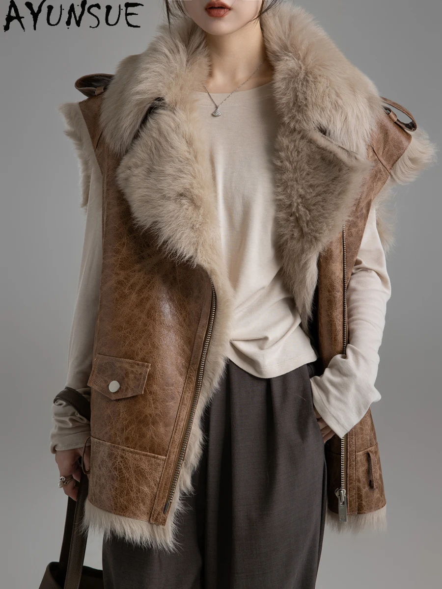 AYUNSUE 天然シープスキン毛皮のベストの女性の本革ノースリーブジャケットミッドレングスの冬の高級服女性 Шуба Женская