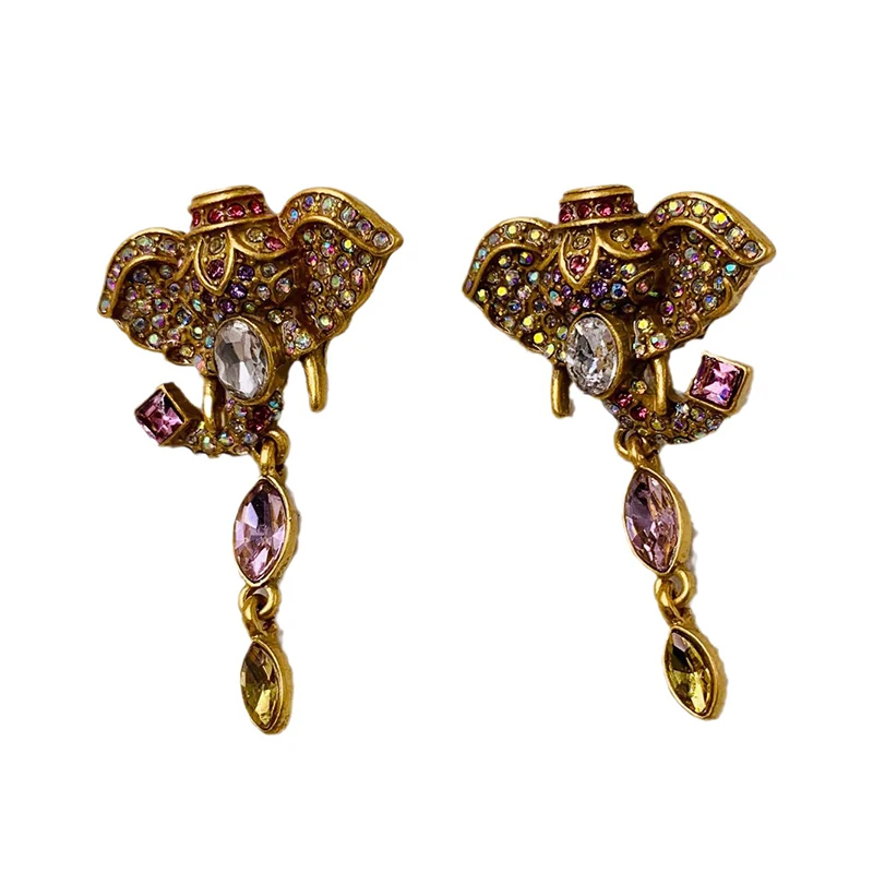 Vintage Little Elephant Temperament Colorful Rhinestone Earrings Women's Jewelry Party Accessories