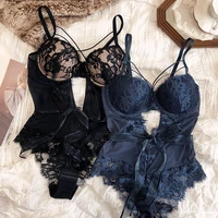 Body Sexy hueco para mujer, lencería, conjunto de sujetador de realce de encaje, mono francés, monos de malla, sujetadores ajustados con correa ajustable