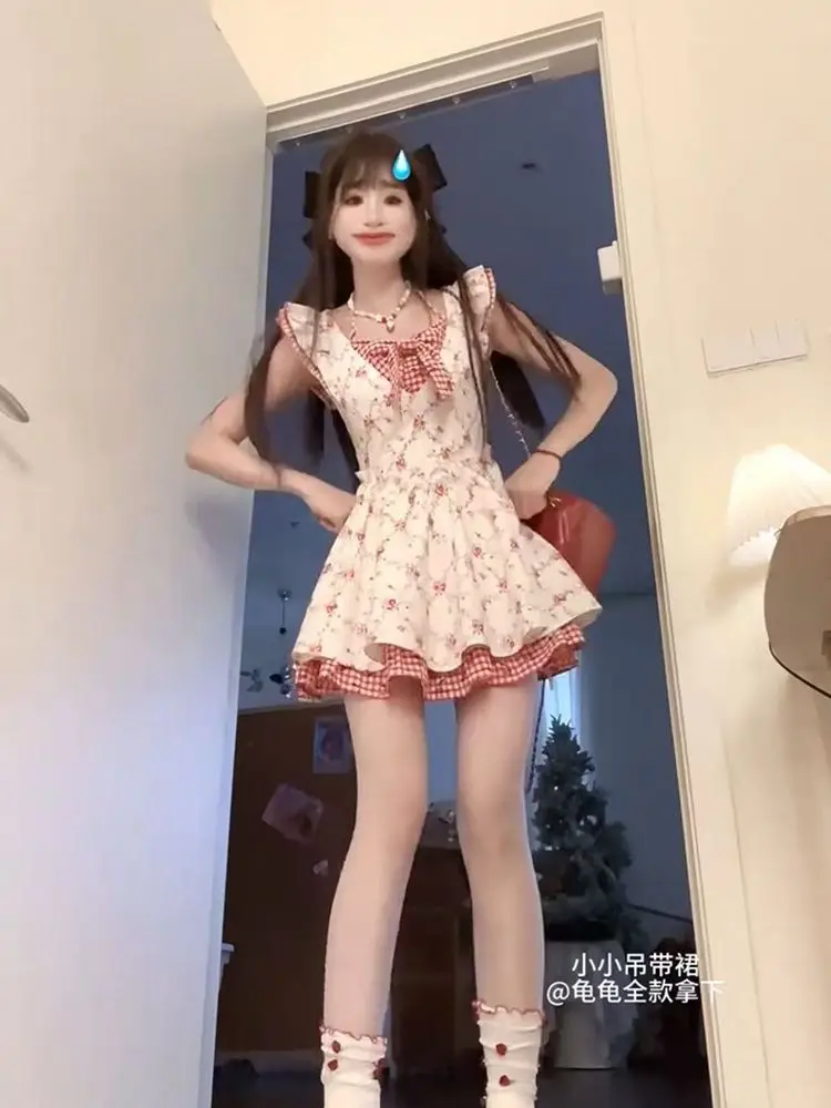 

Japan Forest Style Sweet College Style Versatile Plaid Splicing Small Flying Sleeve Dress Women'S New Waist Slimming Short Skirt